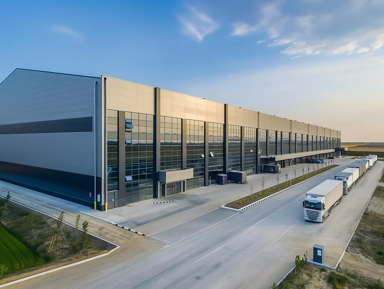 Centru logistic modern cu rampe de încărcare și hală metalică