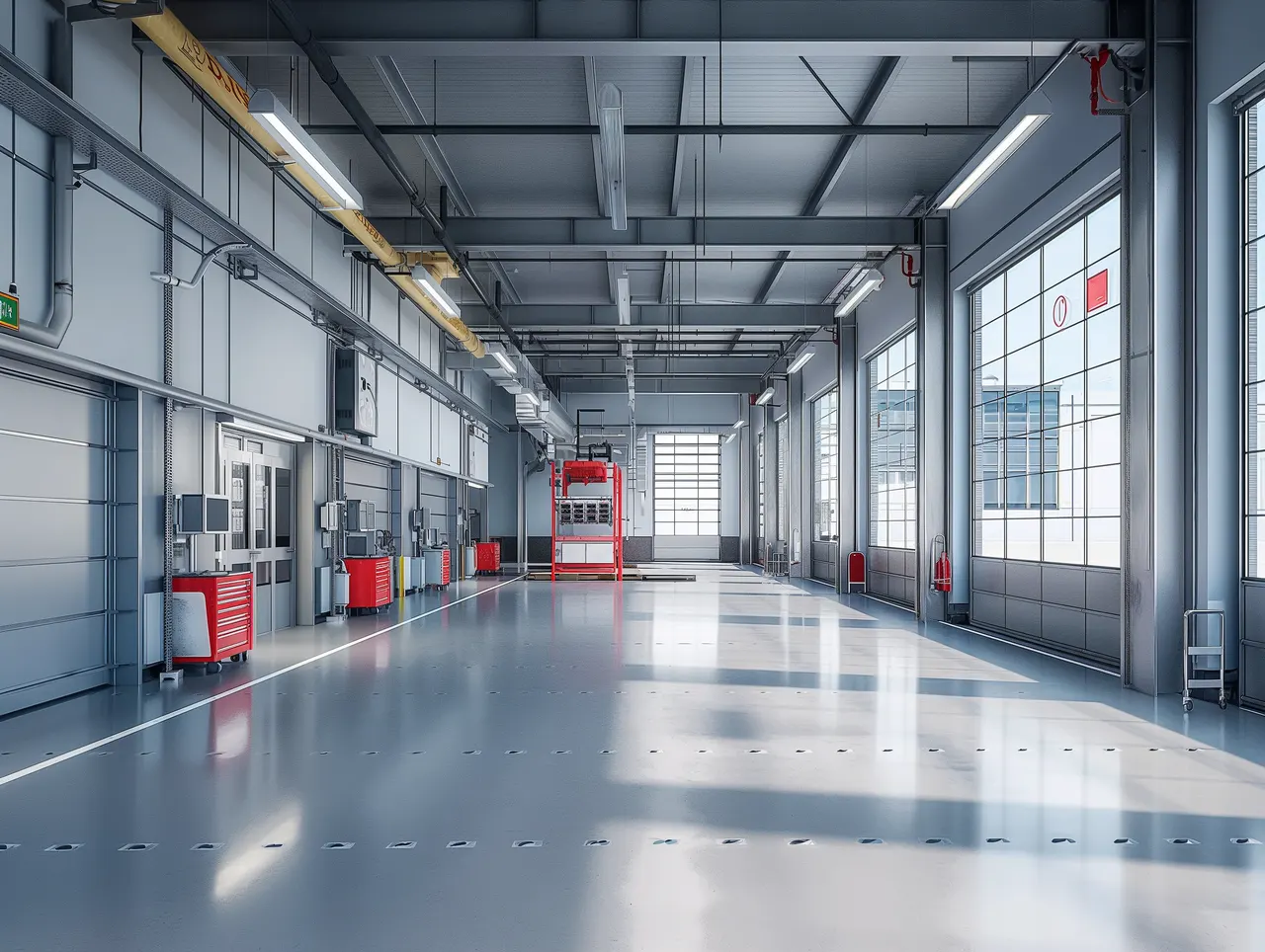 Interior de service auto modern în hală metalică ușoară
